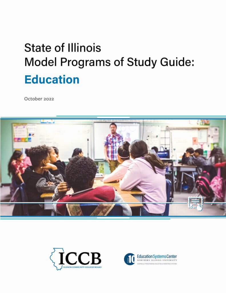 Report cover for "Model Programs of Study Guide - Education" released October 2020 by Illinois Community College Board and Education Systems Center at Northern Illinois University