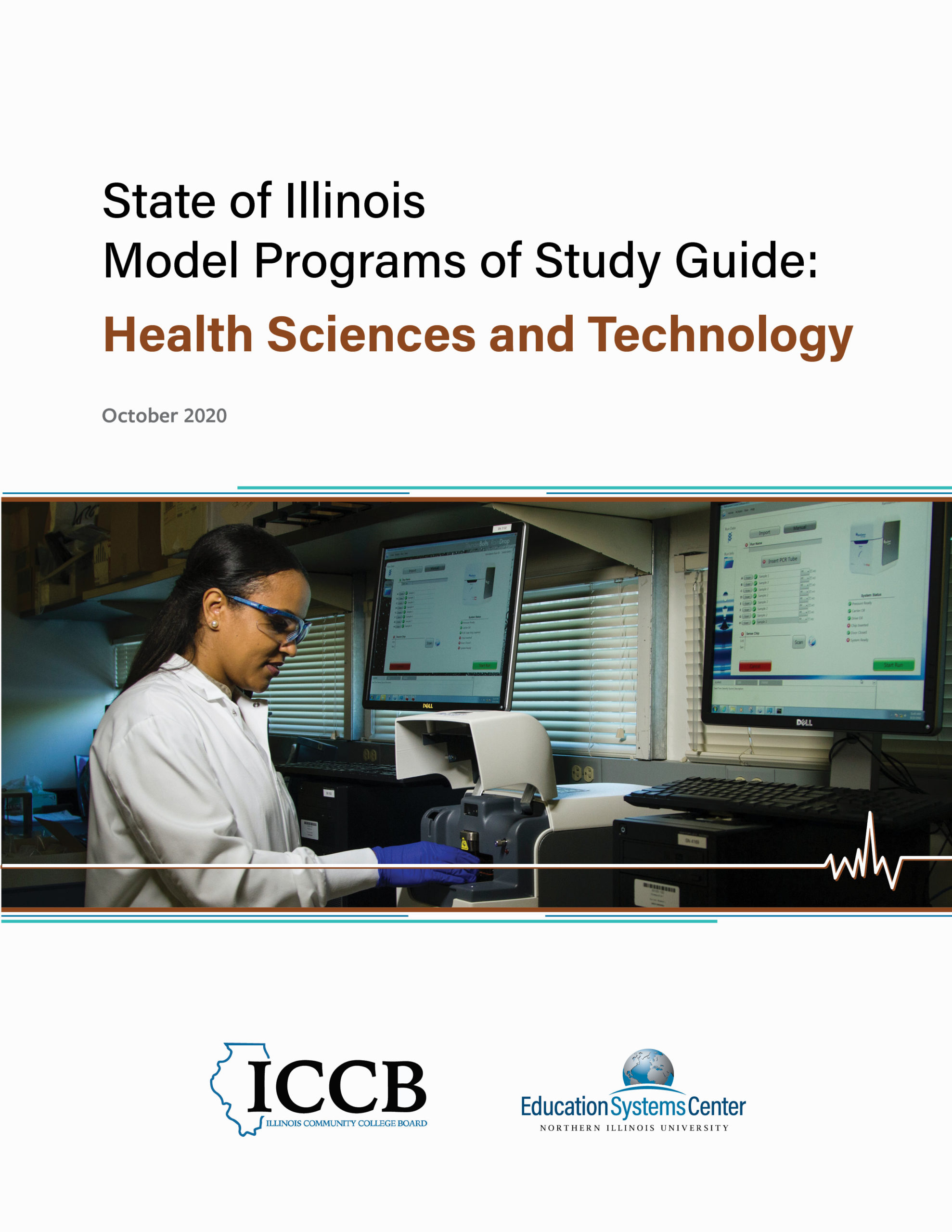 Report cover for "Model Programs of Study Guide - Health Sciences and Technology" released October 2020 by Illinois Community College Board and Education Systems Center at Northern Illinois University