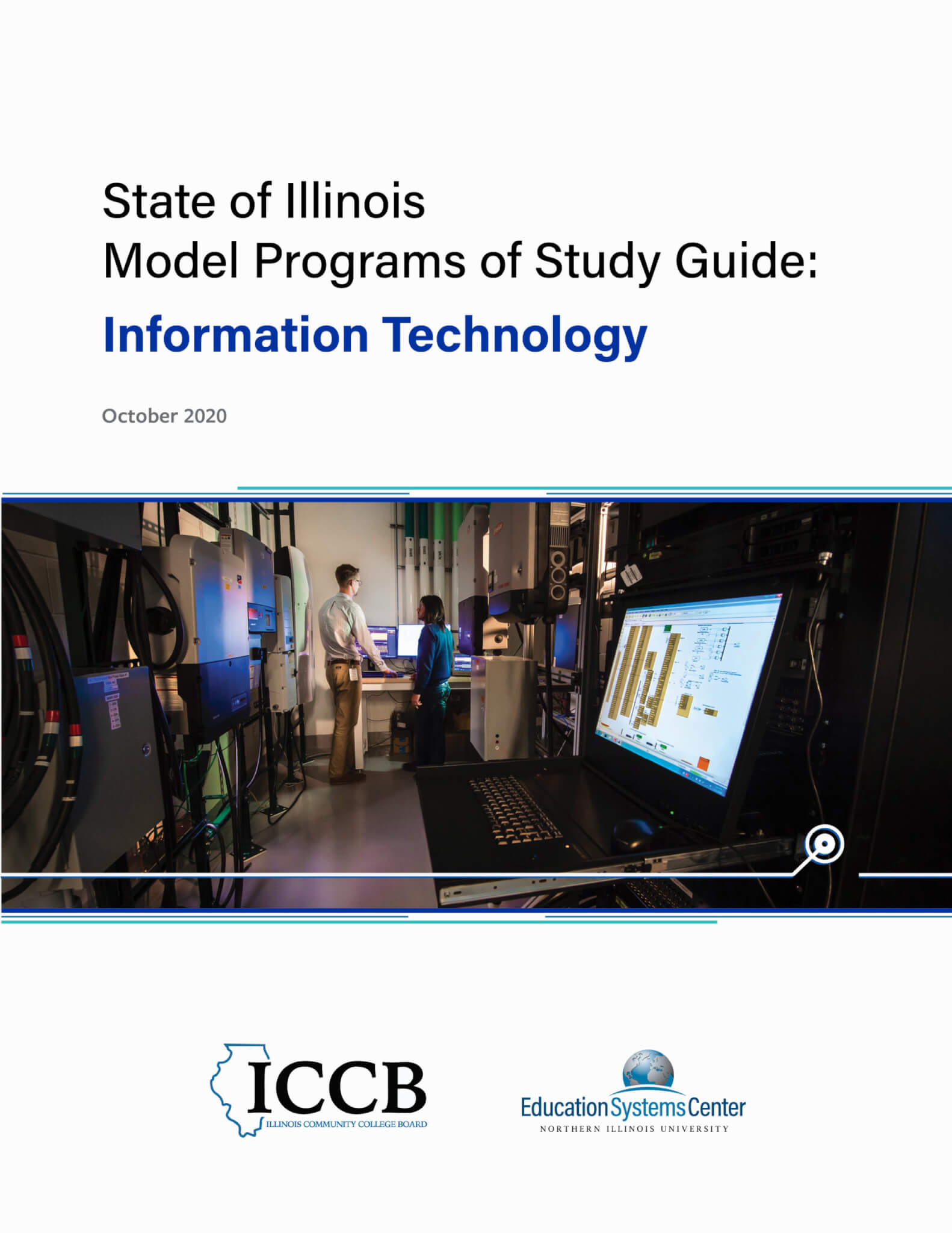 Report cover for "Model Programs of Study Guide - Information Technology" released October 2020 by Illinois Community College Board and Education Systems Center at Northern Illinois University