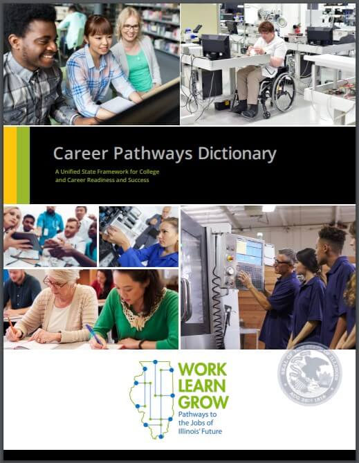 Report cover for "Career Pathways Dictionary: A Unified State Framework for COllege and Career Readiness and Success." Cover includes the Seal of the State of Illinois and the logo for Work Learn Grow: Pathways to the Jobs of Illinois' Future.