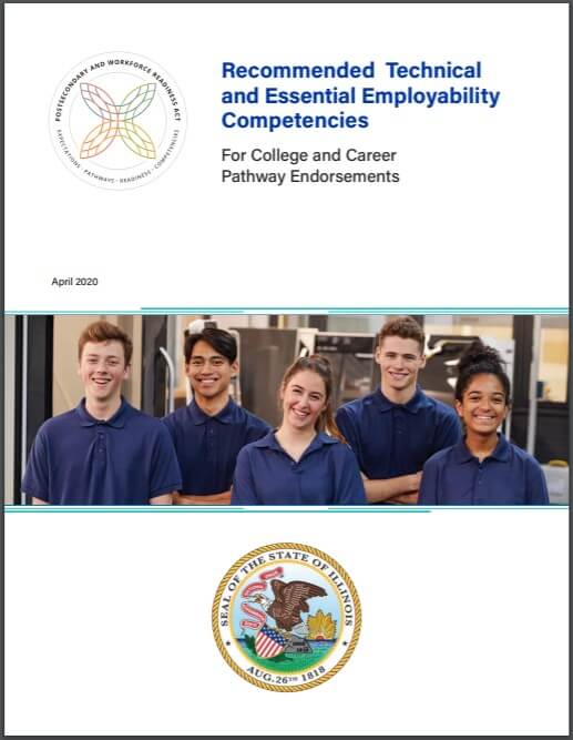 Report cover for the "Recommended Technical and Essential Employability Competencies for College and Career Pathway Endorsements," released in April 2020. Cover includes the PWR Act logo and the Seal of the State of Illinois.