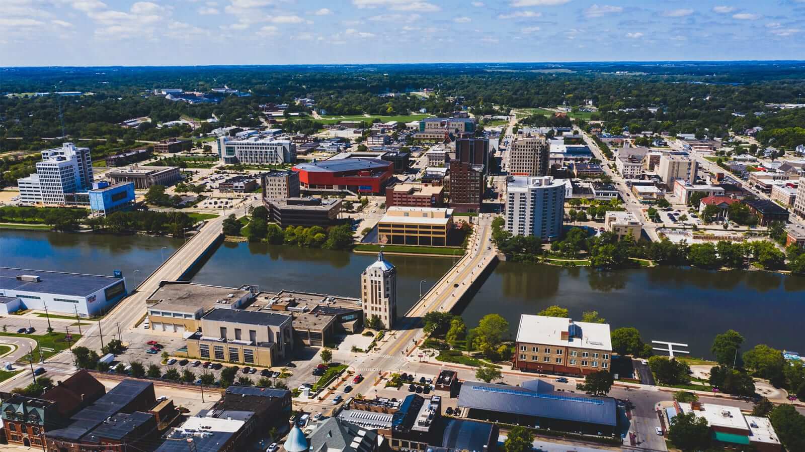 An aerial image of downtown Rockford, Illinois