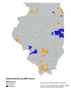 A map of Illinois highlighting SEPI communities in both cohorts.