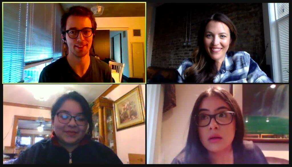 Using video conferencing, two students and two professionals connect at a virtual networking event
